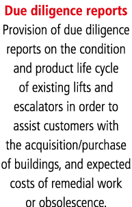 Due diligence reports Provision of due diligence reports on the condition and product life cycle of existing lifts an   