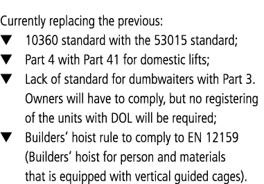 Currently replacing the previous:   10360 standard with the 53015 standard;   Part 4 with Part 41 for domestic lifts;   