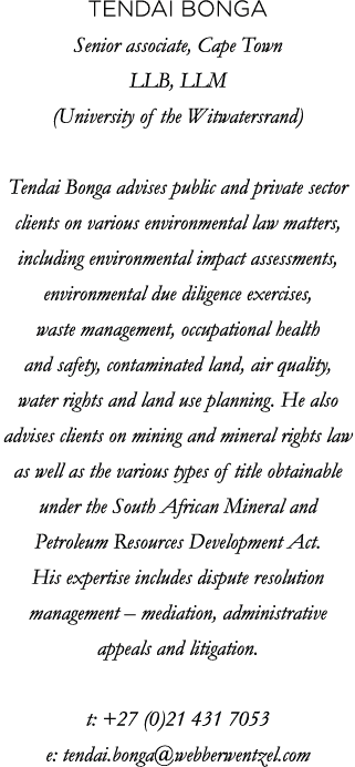 Tendai Bonga Senior associate, Cape Town LLB, LLM (University of the Witwatersrand) Tendai Bonga advises public and p   
