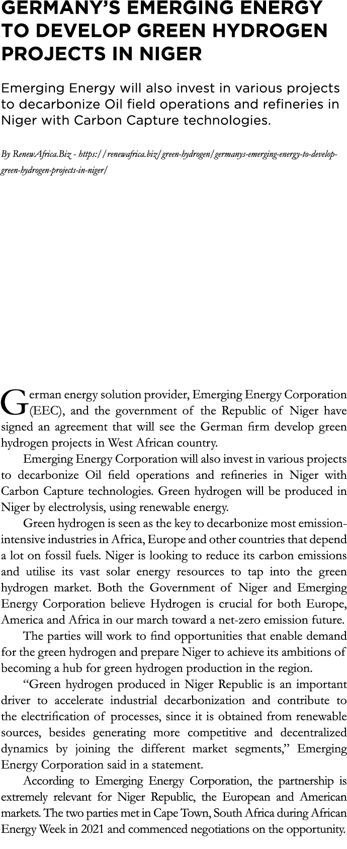 Germany s Emerging Energy to develop green hydrogen projects in Niger Emerging Energy will also invest in various pro   