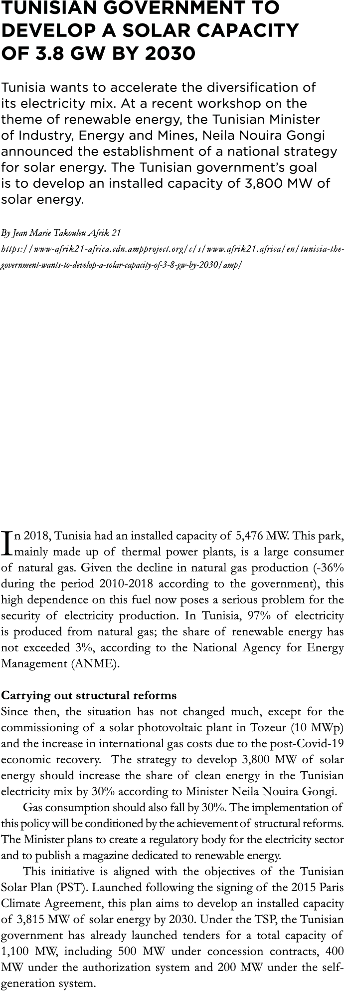 Tunisian government to develop a solar capacity of 3 8 GW by 2030 Tunisia wants to accelerate the diversification of    