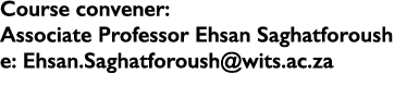 Course convener: Associate Professor Ehsan Saghatforoush e: Ehsan Saghatforoush wits ac za