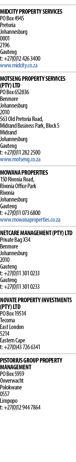  MIDCITY PROPERTY SERVICES PO Box 4945 Pretoria Johannesburg 0001      2196 Gauteng t: +27(0)12 426 3400 www midcity    
