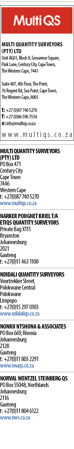  MULTI QUANTITY SURVEYORS (PTY) LTD PO Box 471 Century City Cape Town 7446       Western Cape t: +27(0)87 740 5270 ww   