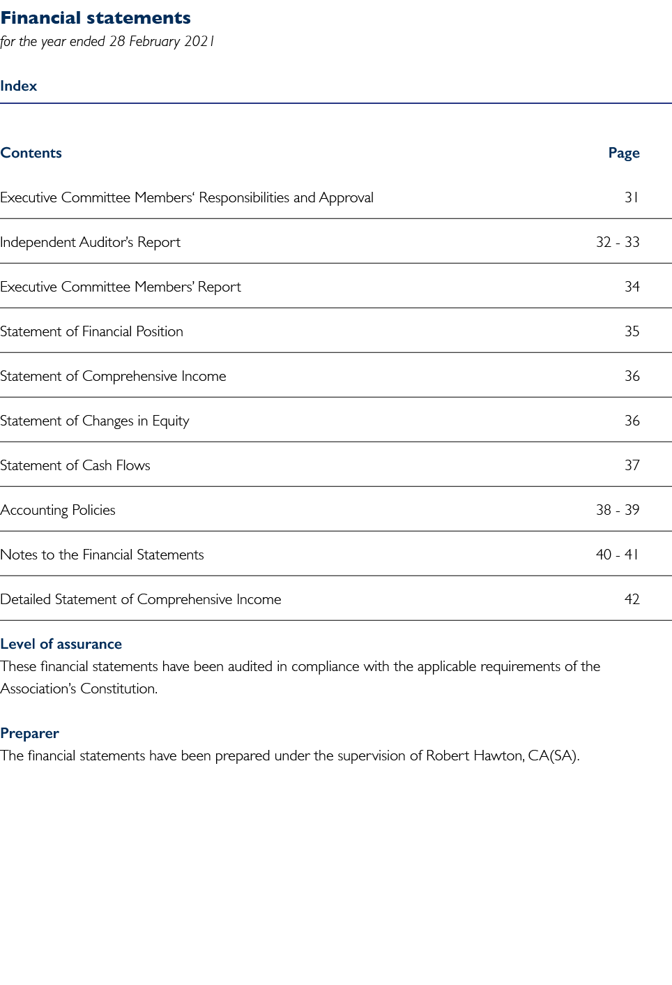 Financial statements for the year ended 28 February 2021 Index    Contents  Page Executive Committee Members  Respons   