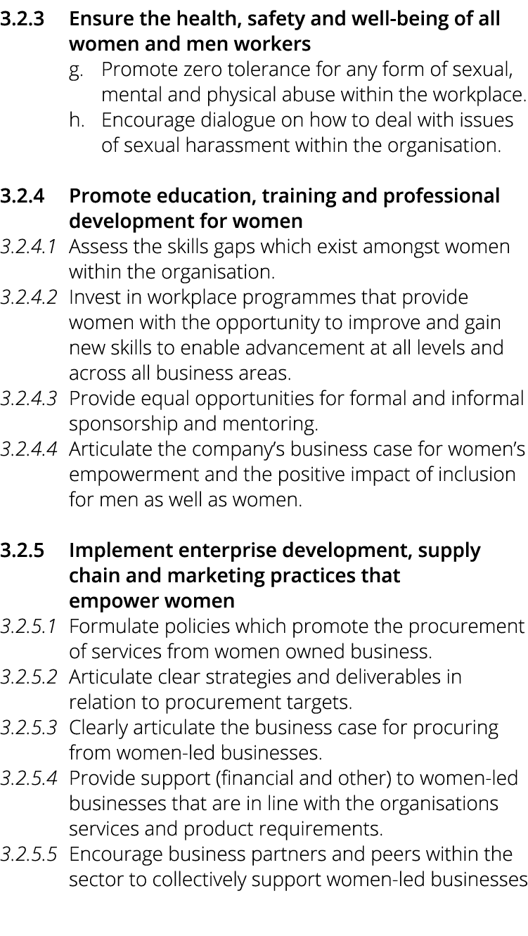  3 2 3  Ensure the health, safety and well-being of all  women and men workers g  Promote zero tolerance for any form   