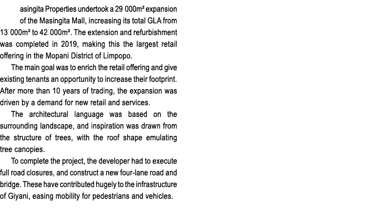 asingita Properties undertook a 29  000m  expansion of the Masingita Mall, increasing its total GLA from 13  000m  to   