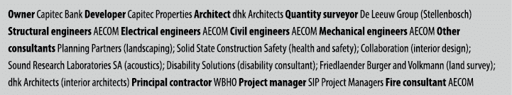 Owner Capitec Bank Developer Capitec Properties Architect dhk Architects Quantity surveyor De Leeuw Group (Stellenbos   