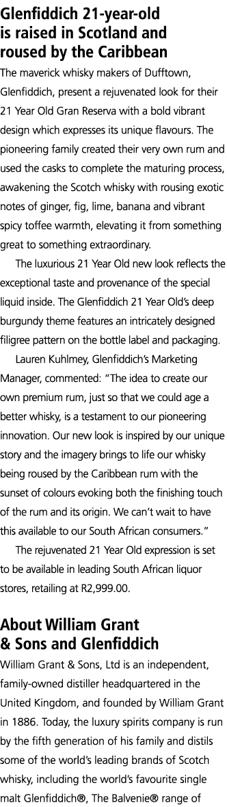 Glenfiddich 21-year-old is raised in Scotland and roused by the Caribbean The maverick whisky makers of Dufftown, Gle   