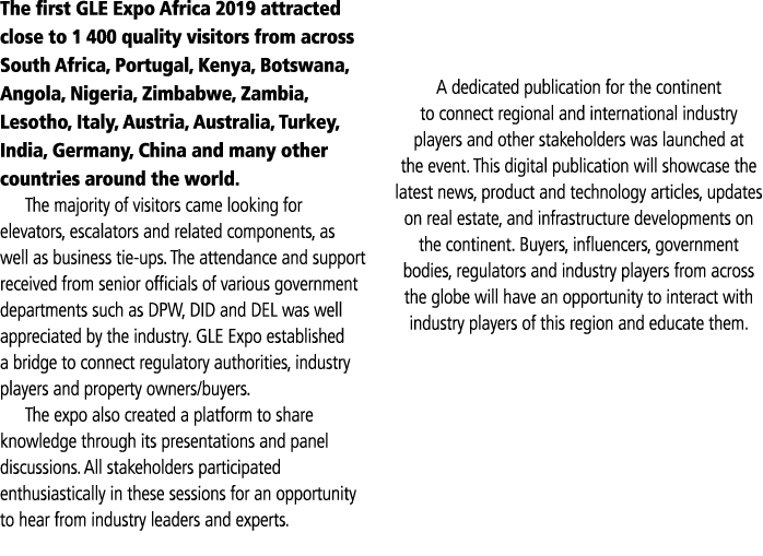 The first GLE Expo Africa 2019 attracted close to 1  400 quality visitors from across South Africa, Portugal, Kenya,    