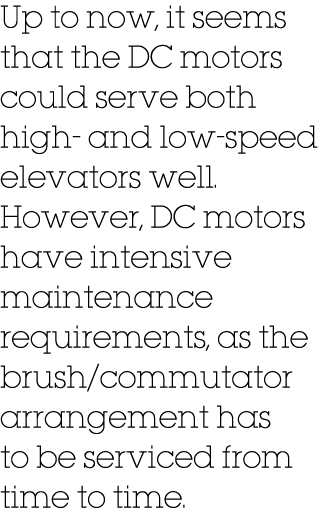 Up to now, it seems that the DC motors could serve both high- and low-speed elevators well  However, DC motors have i   