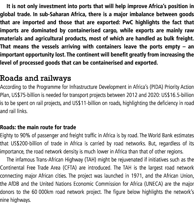 It is not only investment into ports that will help improve Africa s position in global trade  In sub-Saharan Africa,   