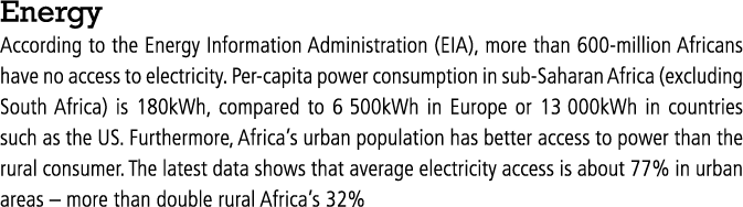 Energy According to the Energy Information Administration (EIA), more than 600-million Africans have no access to ele   
