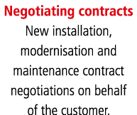 Negotiating contracts New installation, modernisation and maintenance contract negotiations on behalf of the customer 