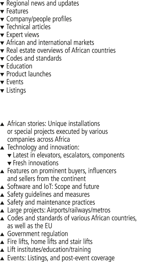 t Regional news and updates t Features t Company people profiles t Technical articles t Expert views t African and in   