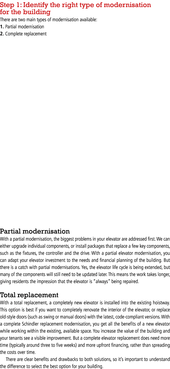 Step 1: Identify the right type of modernisation for the building There are two main types of modernisation available   