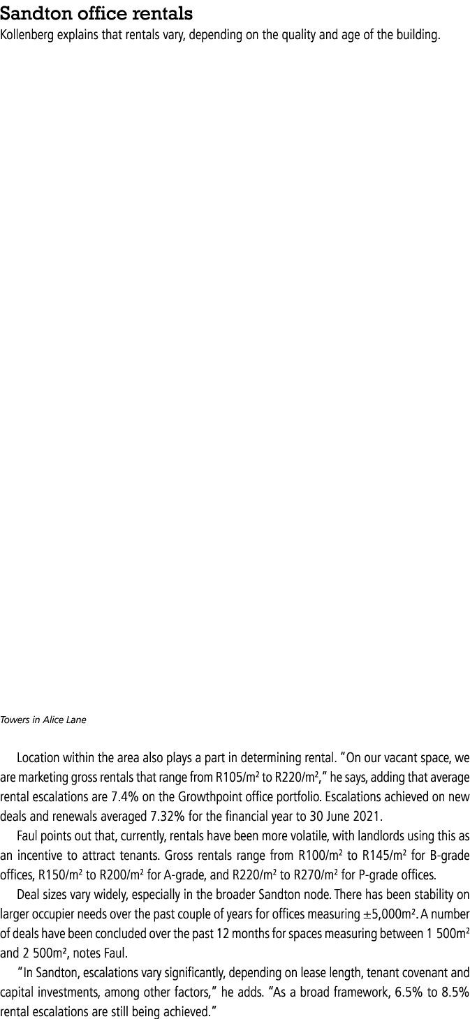 Sandton office rentals Kollenberg explains that rentals vary, depending on the quality and age of the building          