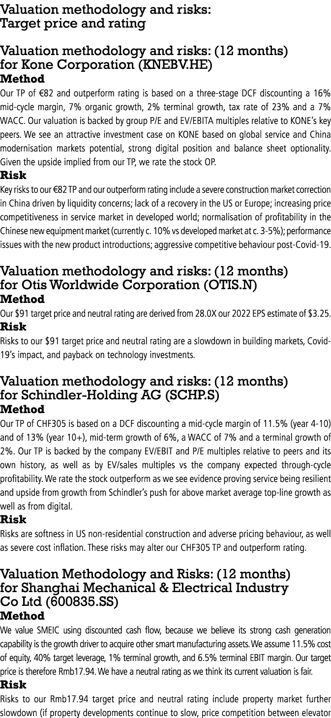 Valuation methodology and risks: Target price and rating  Valuation methodology and risks: (12 months) for Kone Corpo   