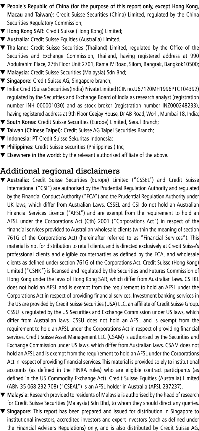   People s Republic of China (for the purpose of this report only, except Hong Kong, Macau and Taiwan): Credit Suisse   