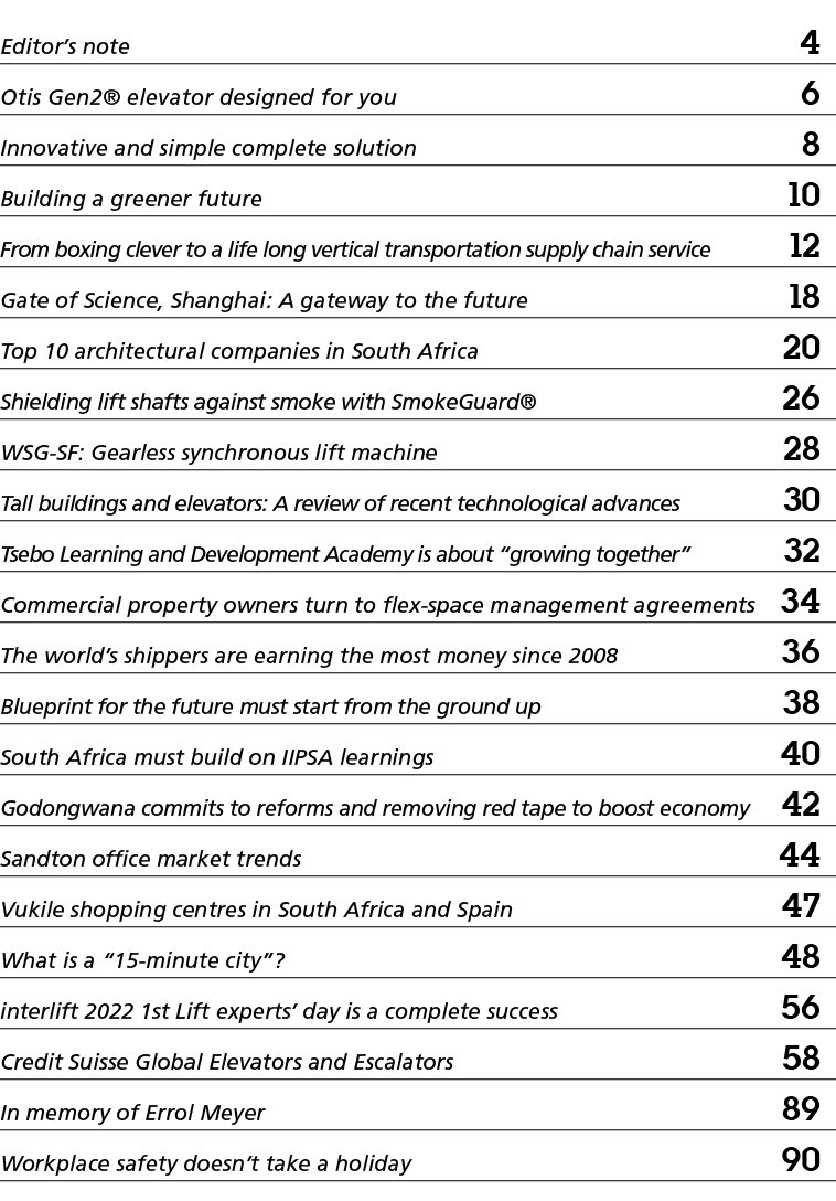 Editor s note 4 Otis Gen2  elevator designed for you 6 Innovative and simple complete solution 8 Building a greener f   