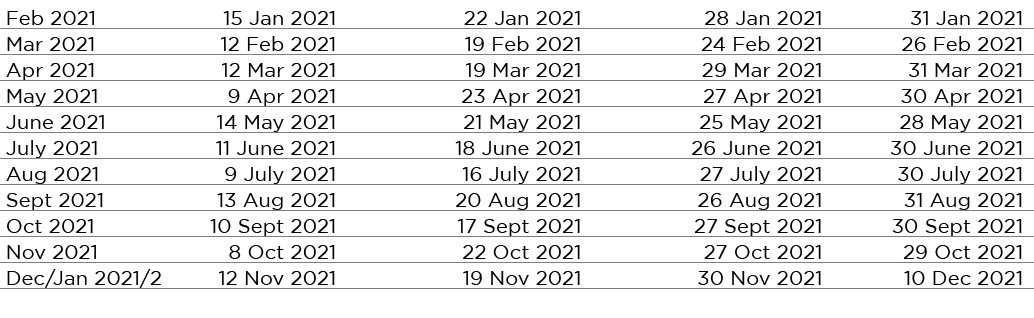 Feb 2021 15 Jan 2021 22 Jan 2021 28 Jan 2021 31 Jan 2021 Mar 2021 12 Feb 2021 19 Feb 2021 24 Feb 2021 26 Feb 2021 Apr   
