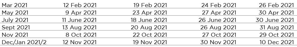 Mar 2021 12 Feb 2021 19 Feb 2021 24 Feb 2021 26 Feb 2021 May 2021 9 Apr 2021 23 Apr 2021 27 Apr 2021 30 Apr 2021 July   