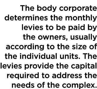 The body corporate determines the monthly levies to be paid by the owners, usually according to the size of the indiv   
