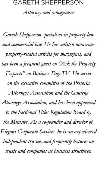 Gareth Shepperson Attorney and conveyancer Gareth Shepperson specialises in property law and commercial law  He has w   