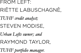 from Left: RiËtte Labuschagnè, TUHF credit analyst; Steven Modise, Urban Lofts owner; and Raymond Taylor, TUHF portfo   