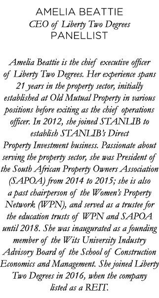 Amelia Beattie CEO of Liberty Two Degrees Panellist Amelia Beattie is the chief executive officer of Liberty Two Degr   