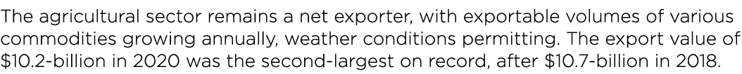 The agricultural sector remains a net exporter, with exportable volumes of various commodities growing annually, weat   