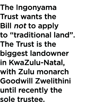 The Ingonyama Trust wants the Bill not to apply to  traditional land   The Trust is the biggest landowner in KwaZulu-   