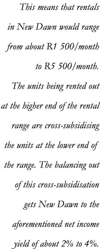 This means that rentals in New Dawn would range from about R1  500 month to R5  500 month  The units being rented out   