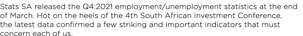 Stats SA released the Q4:2021 employment/unemployment statistics at the end of March. Hot on the heels of the 4th Sou...