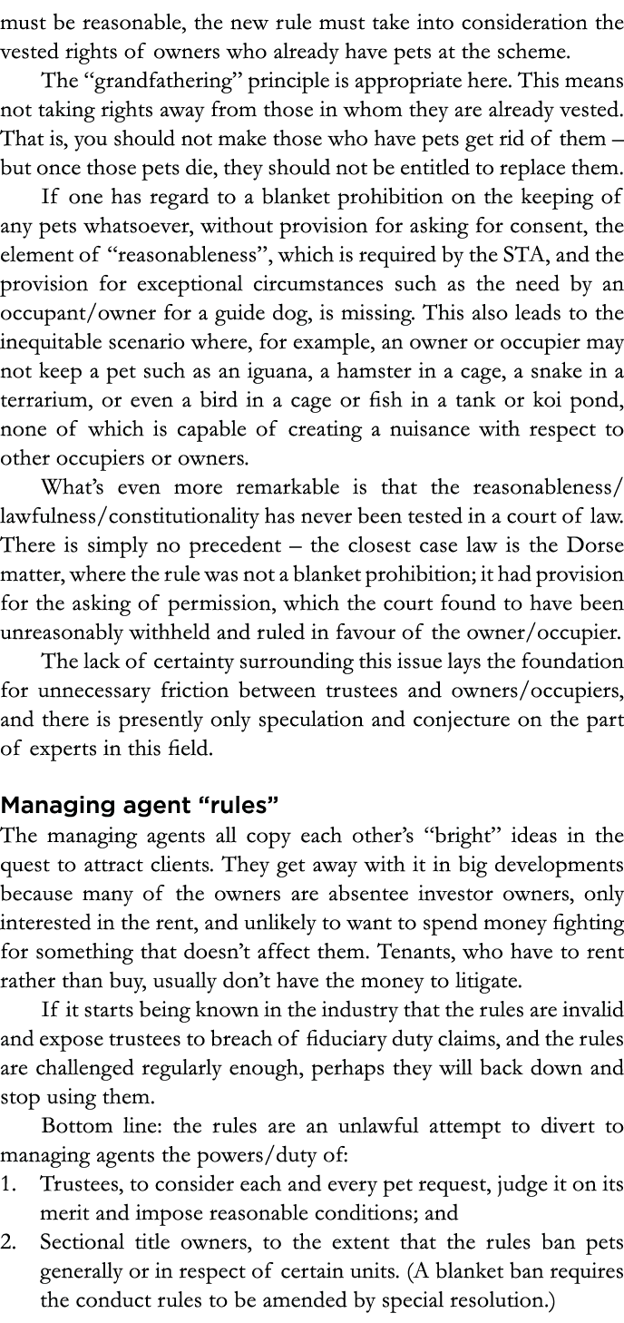 must be reasonable, the new rule must take into consideration the vested rights of owners who already have pets at th   