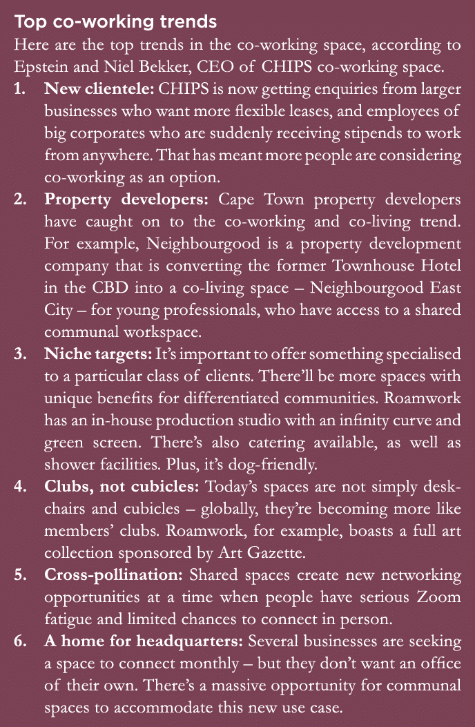 Top co-working trends Here are the top trends in the co-working space, according to Epstein and Niel Bekker, CEO of C   