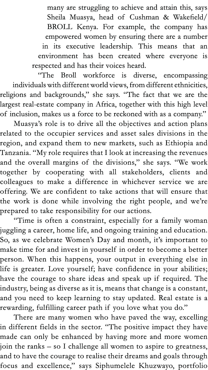 many are struggling to achieve and attain this, says Sheila Muasya, head of Cushman & Wakefield BROLL Kenya  For exam   