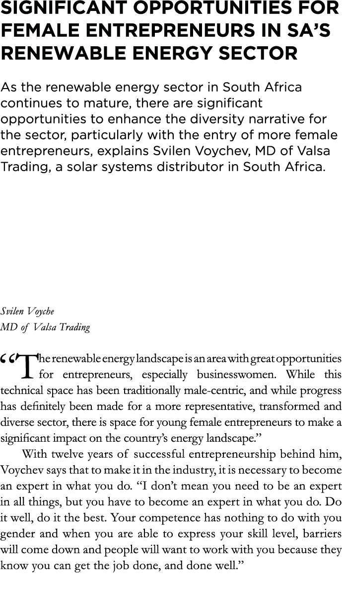 Significant opportunities for female entrepreneurs in SA s renewable energy sector  As the renewable energy sector in   