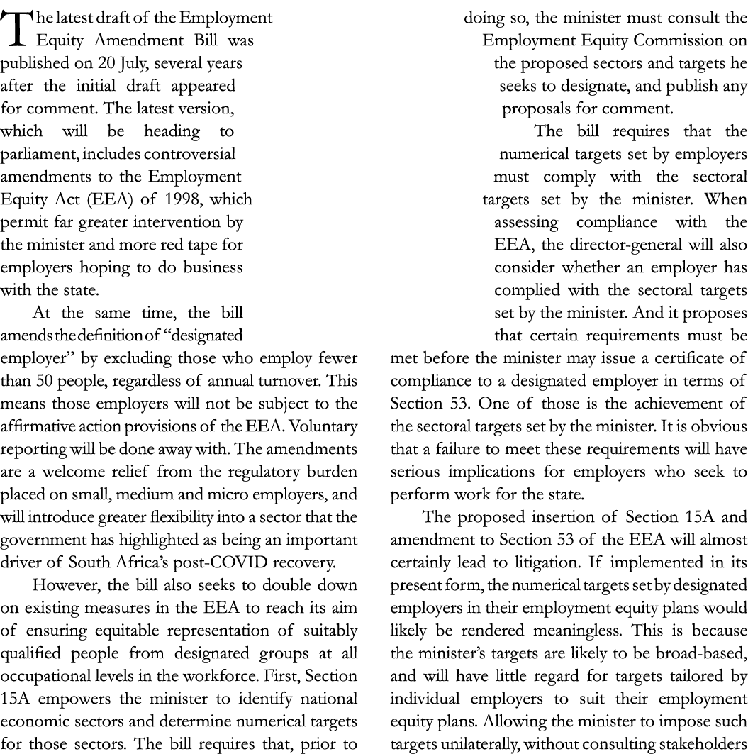 The latest draft of the Employment Equity Amendment Bill was published on 20 July, several years after the initial dr   