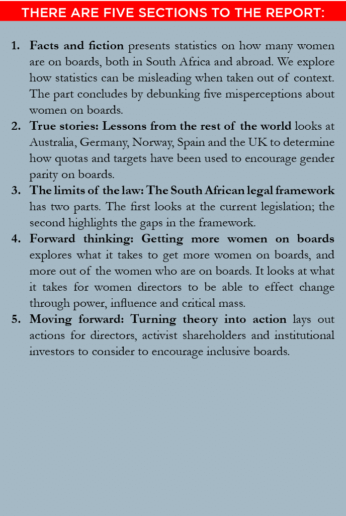 There are five sections to the report:,Facts and fiction presents statistics on how many women are on boards, both in   