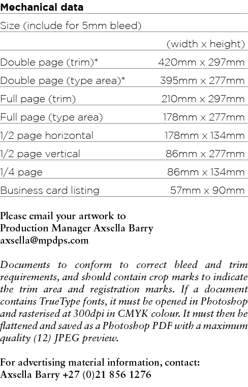 Mechanical data Size (include for 5mm bleed)  (width x height) Double page (trim)* 420mm x 297mm Double page (type ar   