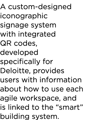 A custom-designed iconographic signage system with integrated QR codes, developed specifically for Deloitte, provides   