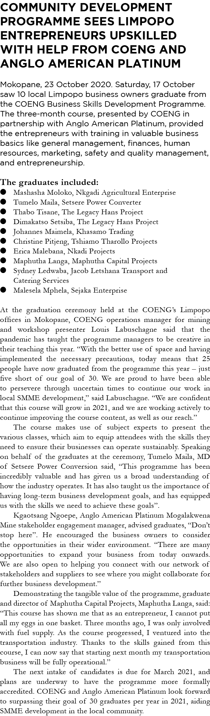 Community development programme sees Limpopo entrepreneurs upskilled with help from COENG and Anglo American Platinum   