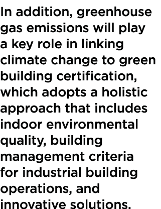 In addition, greenhouse gas emissions will play a key role in linking climate change to green building certification,   