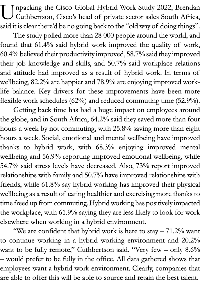 Unpacking the Cisco Global Hybrid Work Study 2022, Brendan Cuthbertson, Cisco’s head of private sector sales South Af...