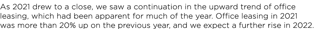 As 2021 drew to a close, we saw a continuation in the upward trend of office leasing, which had been apparent for muc...