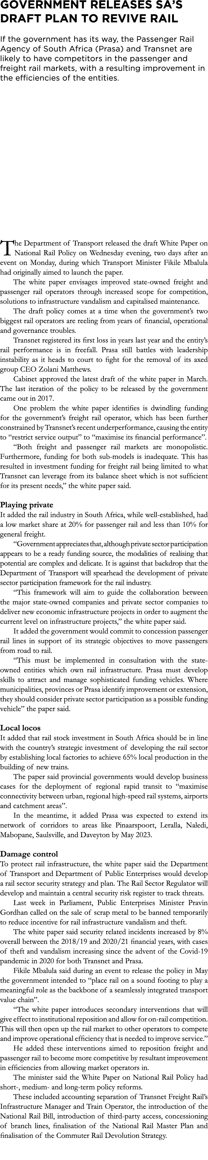 Government releases SA’s draft plan to revive rail If the government has its way, the Passenger Rail Agency of South ...